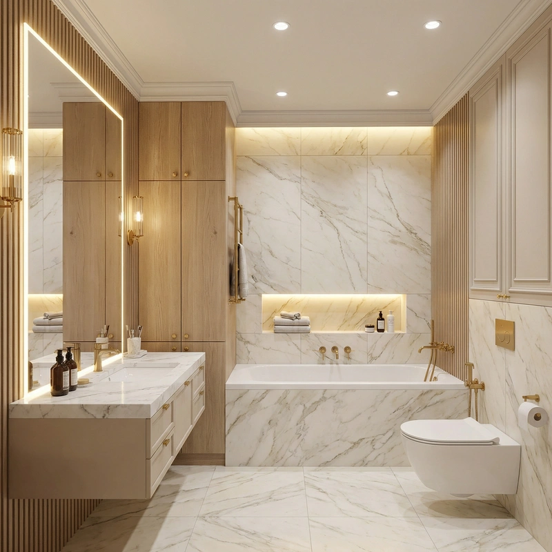 Дизайн ванной в стиле Неоклассика — фото интерьера от нейросети RoomGPT