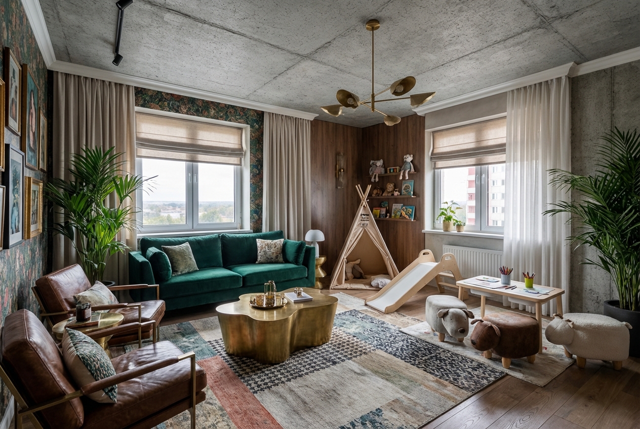 Дизайн гостиной в стиле Эклектика — фото интерьера от нейросети RoomGPT