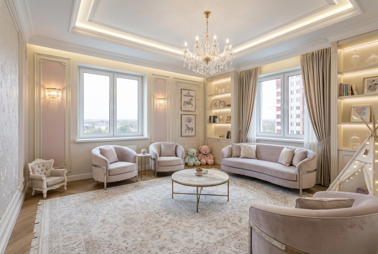 Дизайн гостиной в стиле Неоклассика — фото интерьера от нейросети RoomGPT