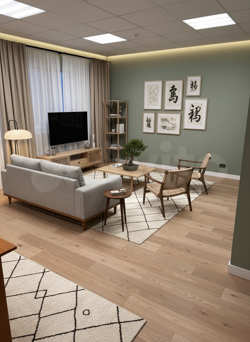 Дизайн гостиной в стиле Japandi — фото интерьера от нейросети RoomGPT