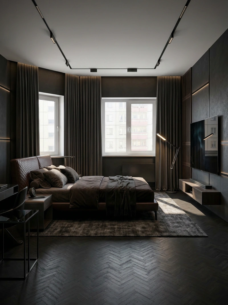 Дизайн спальни в стиле Блэктэк — фото интерьера от нейросети RoomGPT