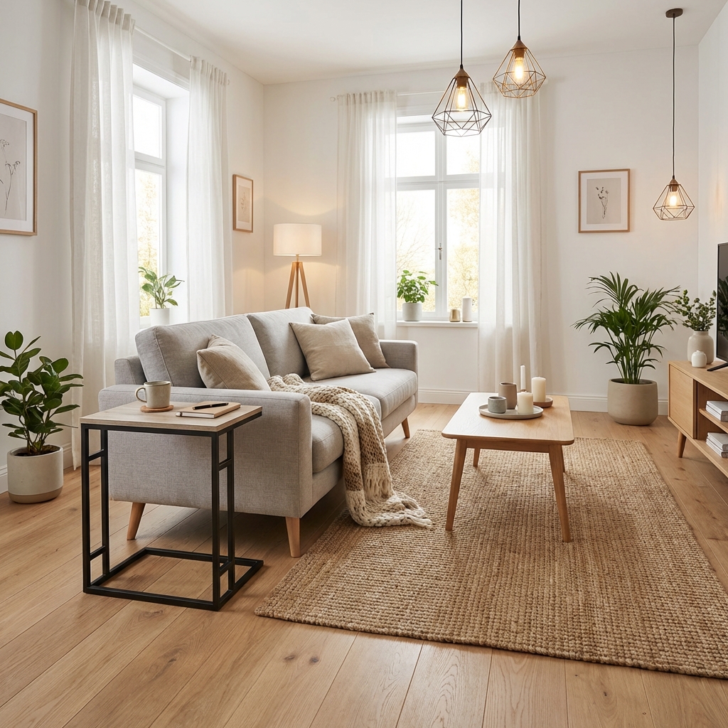 Дизайн гостиной в стиле Хюгге — фото интерьера от нейросети RoomGPT