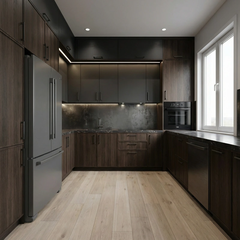 Дизайн кухни в стиле Блэктэк — фото интерьера от нейросети RoomGPT