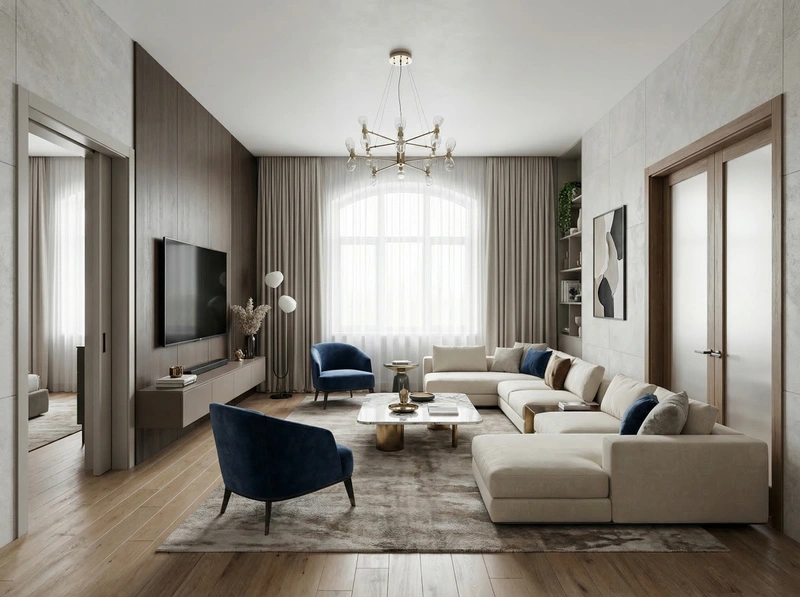 Дизайн интерьера в стиле Контемпорари — Гостиная от нейросети RoomGPT