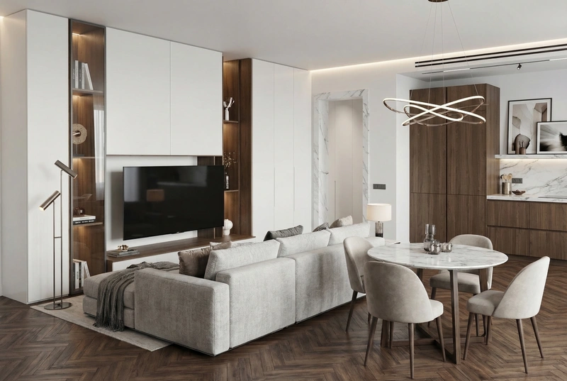 Дизайн интерьера в стиле Контемпорари — Гостиная от нейросети RoomGPT