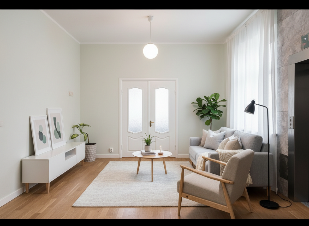 Дизайн гостиной в стиле Хюгге — фото интерьера от нейросети RoomGPT