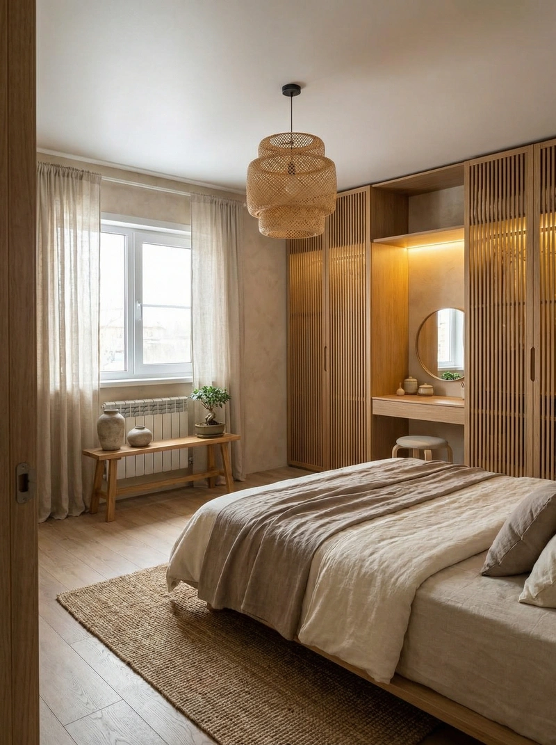 Дизайн спальни в стиле Japandi — фото интерьера от нейросети RoomGPT