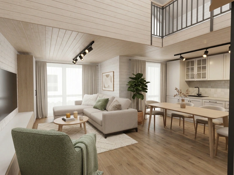 Дизайн гостиной в стиле Хюгге — фото интерьера от нейросети RoomGPT