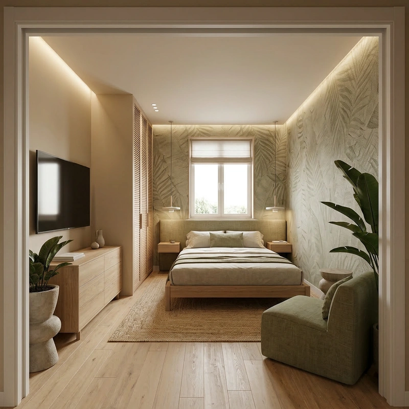 Дизайн спальни в стиле Japandi — фото интерьера от нейросети RoomGPT