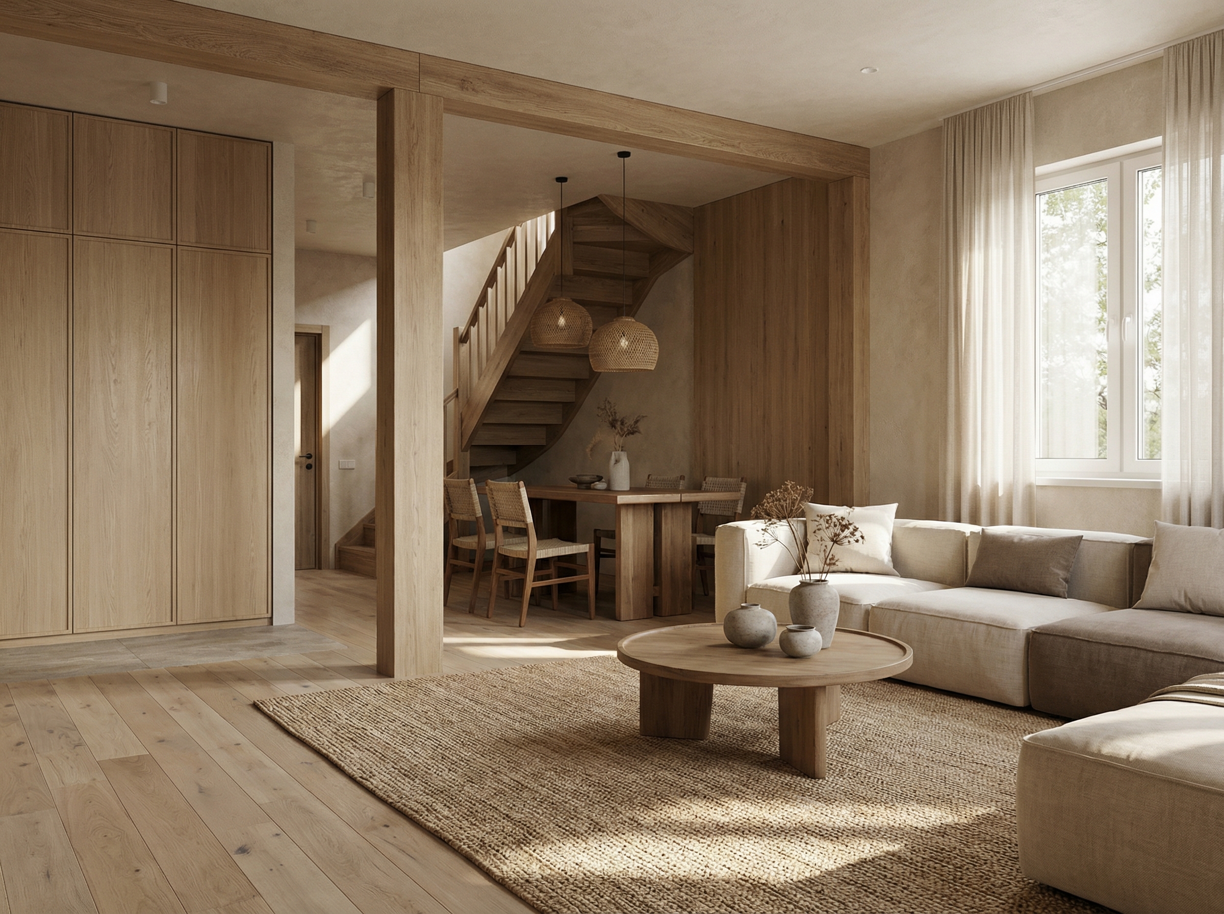 Дизайн гостиной в стиле Japandi — фото интерьера от нейросети RoomGPT