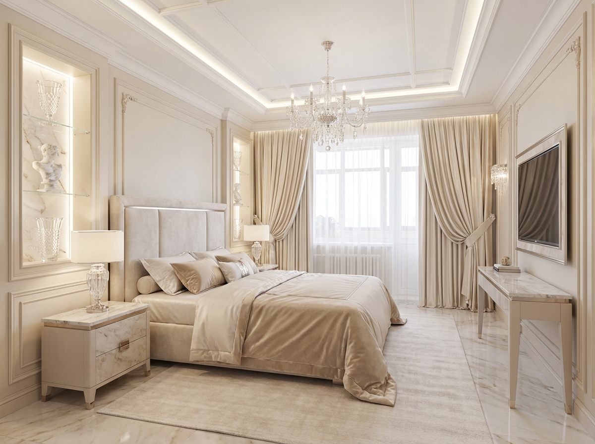 Дизайн спальни в стиле Классика — фото интерьера от нейросети RoomGPT