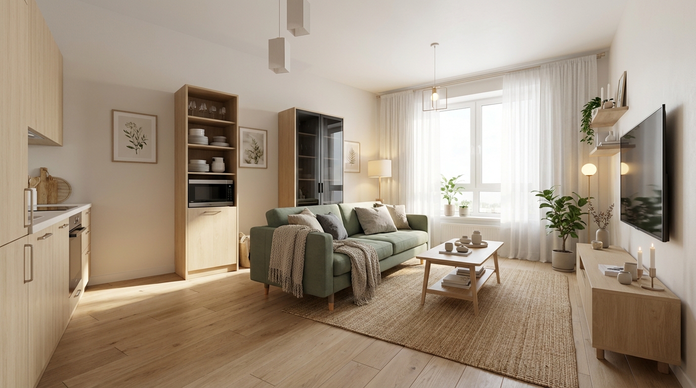 Дизайн гостиной в стиле Хюгге — фото интерьера от нейросети RoomGPT