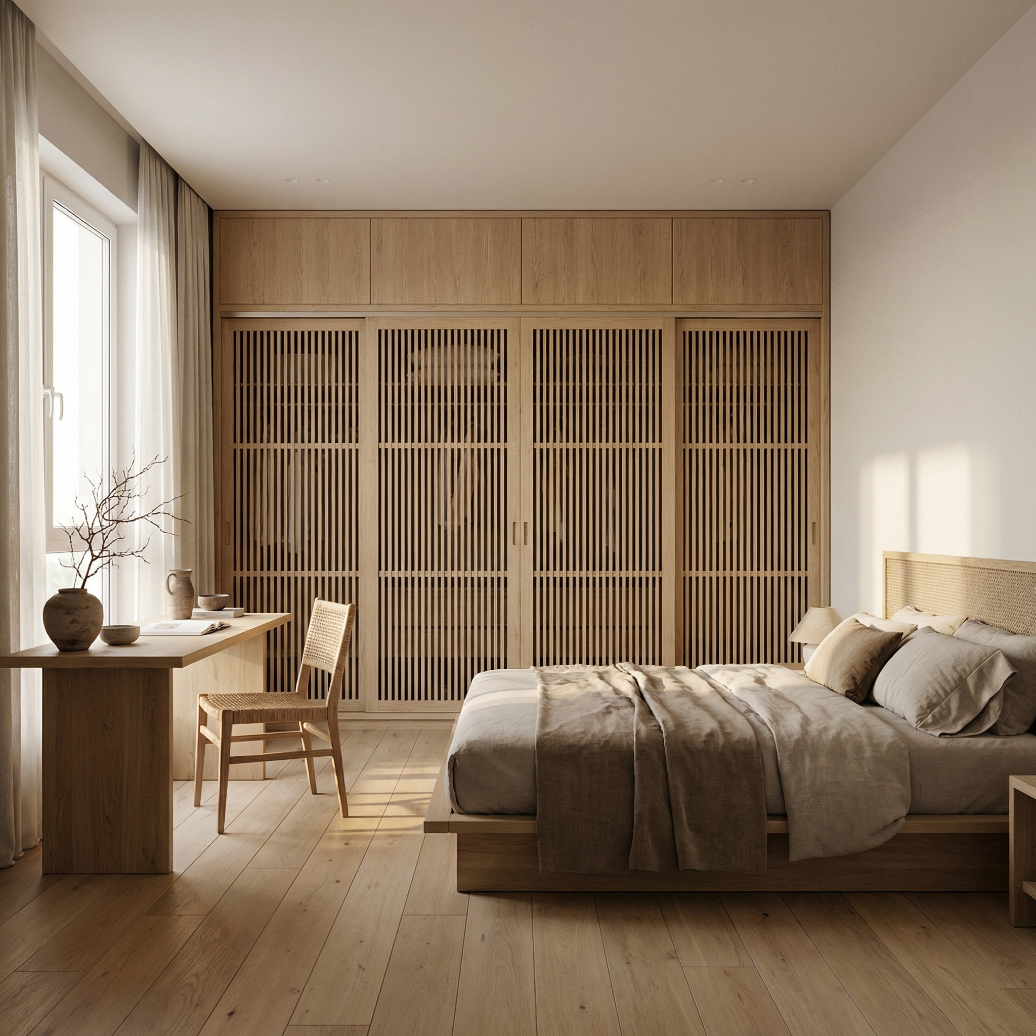 Дизайн спальни в стиле Japandi — фото интерьера от нейросети RoomGPT