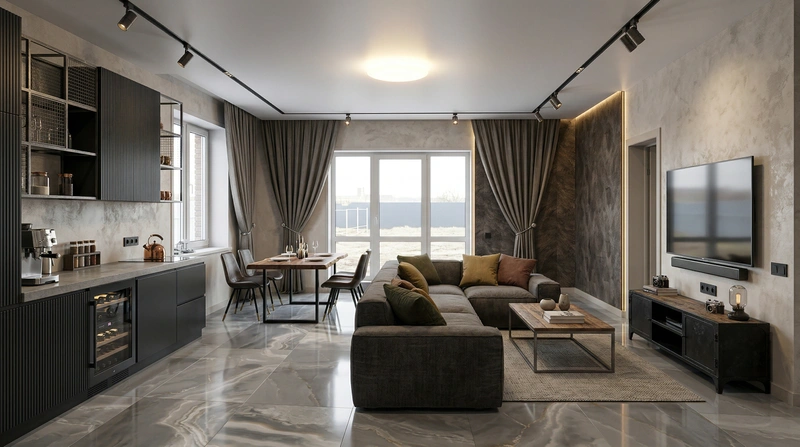 Дизайн гостиной в стиле Лофт — фото интерьера от нейросети RoomGPT