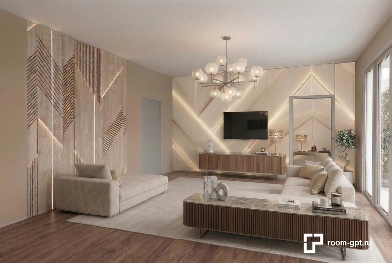 Дизайн интерьера в стиле Контемпорари — Гостиная от нейросети RoomGPT