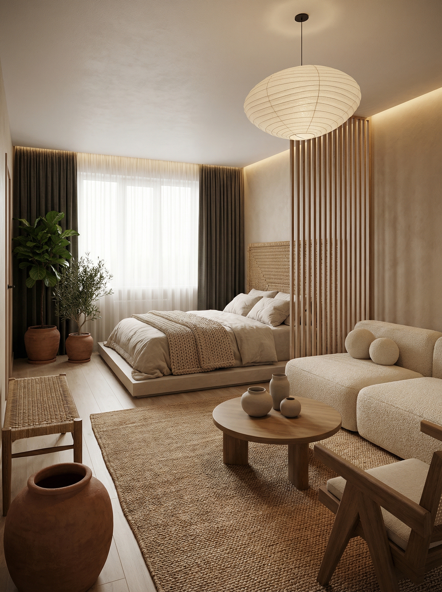 Дизайн гостиной в стиле Japandi — фото интерьера от нейросети RoomGPT