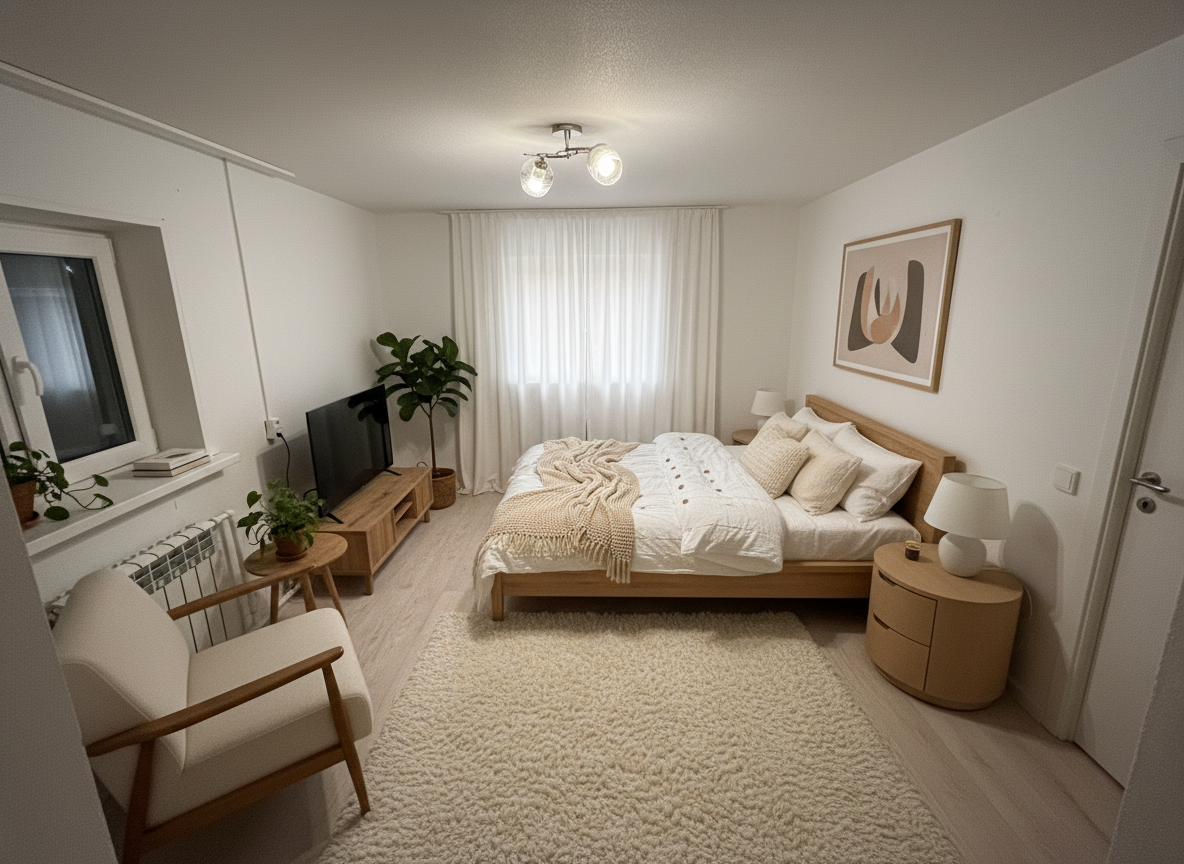Дизайн спальни в стиле Хюгге — фото интерьера от нейросети RoomGPT