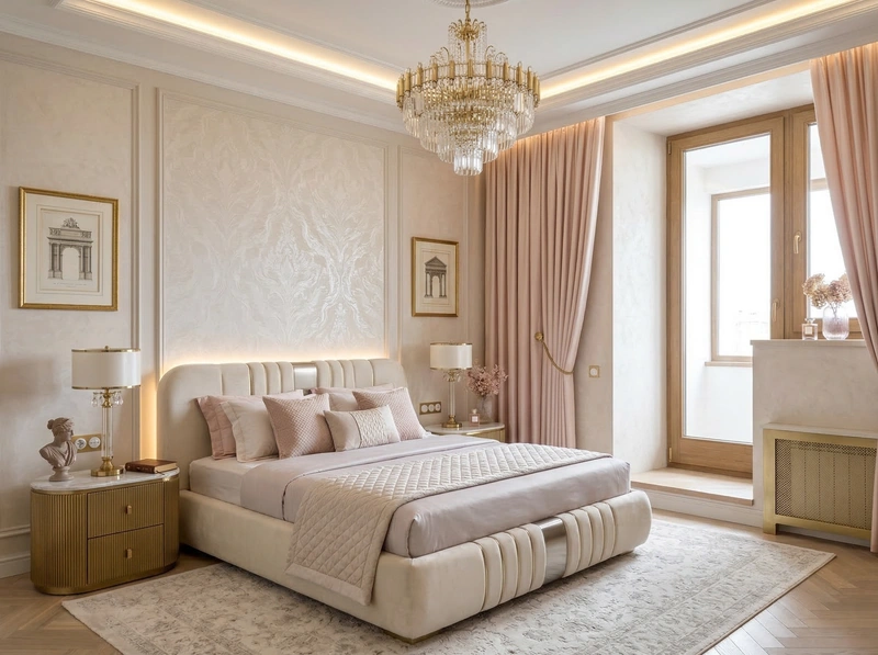 Дизайн спальни в стиле Неоклассика — фото интерьера от нейросети RoomGPT