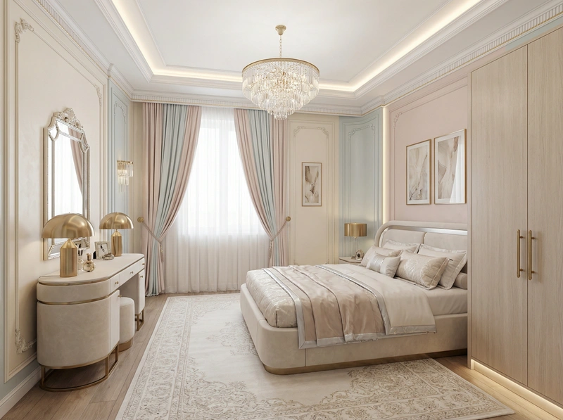 Дизайн спальни в стиле Неоклассика — фото интерьера от нейросети RoomGPT