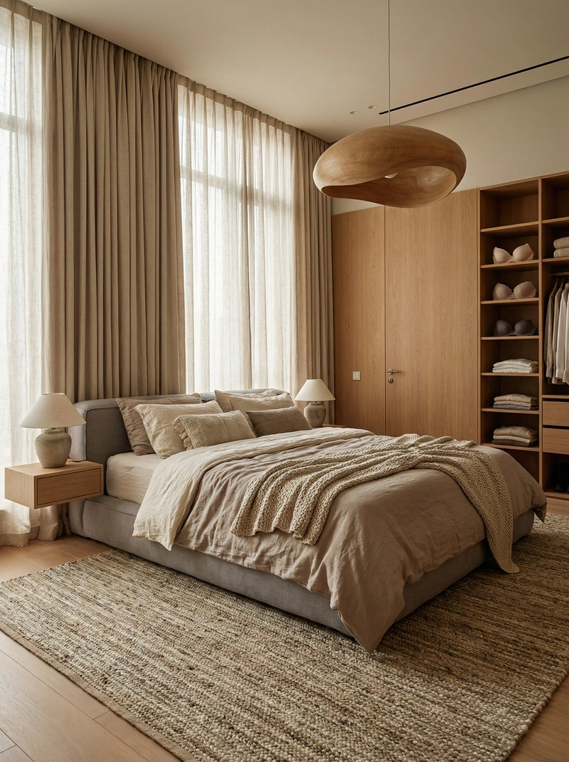 Дизайн спальни в стиле Japandi — фото интерьера от нейросети RoomGPT