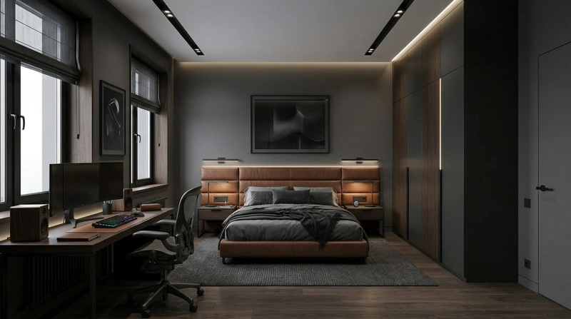Дизайн спальни в стиле Блэктэк — фото интерьера от нейросети RoomGPT