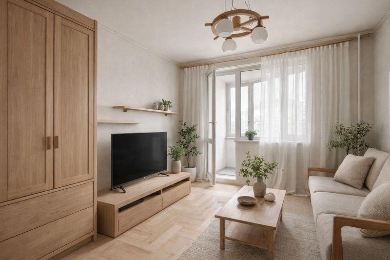 Дизайн гостиной в стиле Japandi — фото интерьера от нейросети RoomGPT