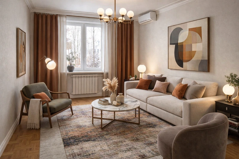 Дизайн интерьера в стиле Эклектика — Гостиная от нейросети RoomGPT