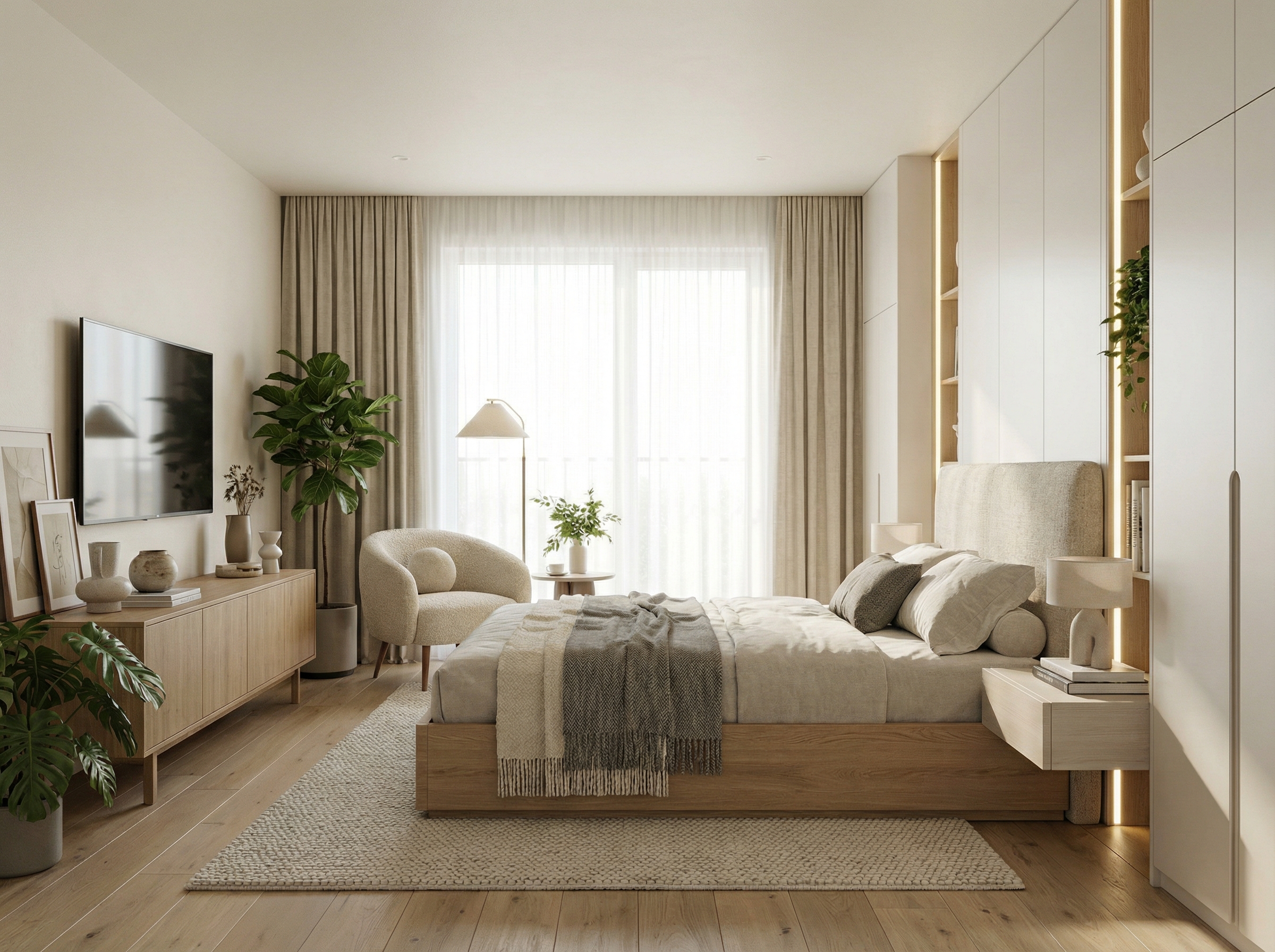 Дизайн спальни в стиле Сканди — фото интерьера от нейросети RoomGPT