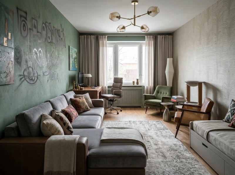 Дизайн гостиной в стиле Эклектика — фото интерьера от нейросети RoomGPT