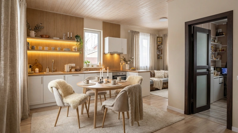 Дизайн интерьера в стиле Хюгге — Кухня от нейросети RoomGPT