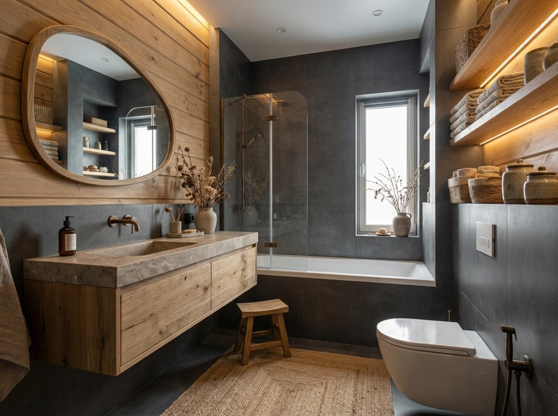 Дизайн ванной в стиле Japandi — фото интерьера от нейросети RoomGPT