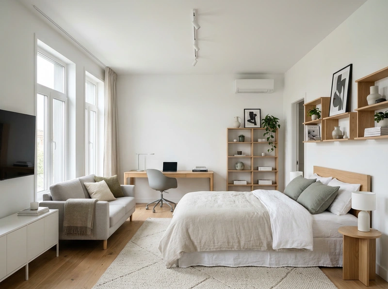 Дизайн спальни в стиле Сканди — фото интерьера от нейросети RoomGPT