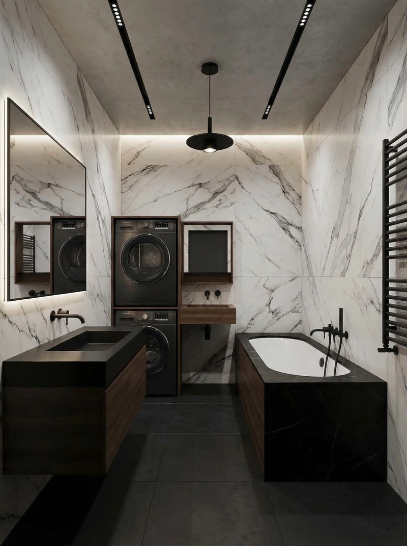 Дизайн ванной в стиле Блэктэк — фото интерьера от нейросети RoomGPT