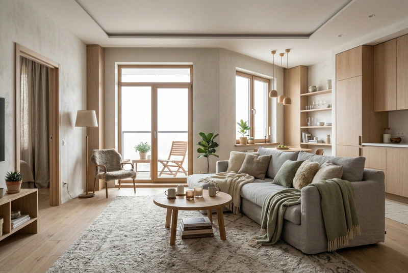 Дизайн гостиной в стиле Хюгге — фото интерьера от нейросети RoomGPT