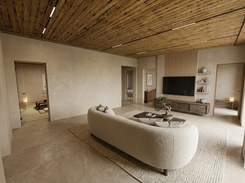 Дизайн гостиной в стиле Japandi — фото интерьера от нейросети RoomGPT