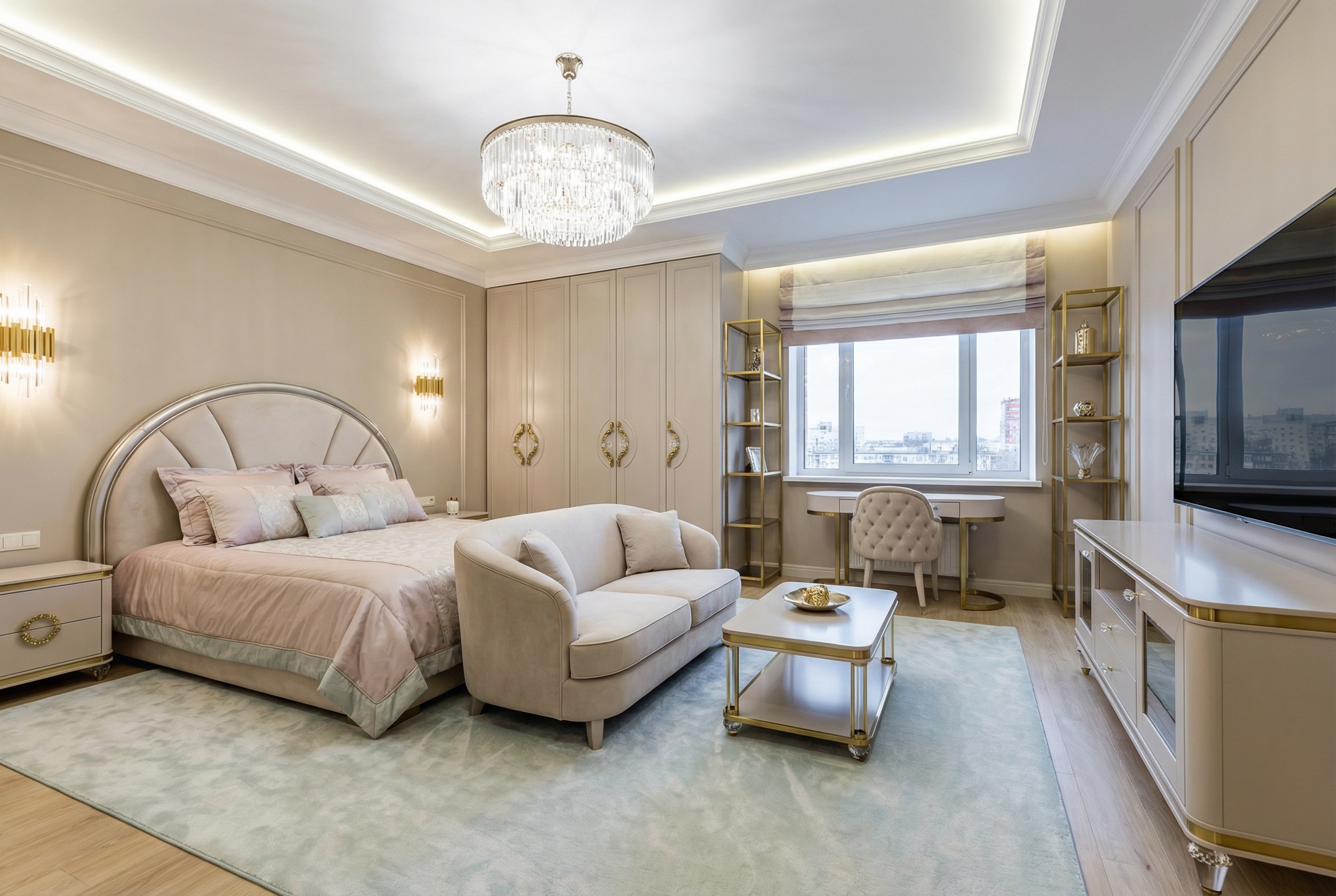 Дизайн спальни в стиле Неоклассика — фото интерьера от нейросети RoomGPT