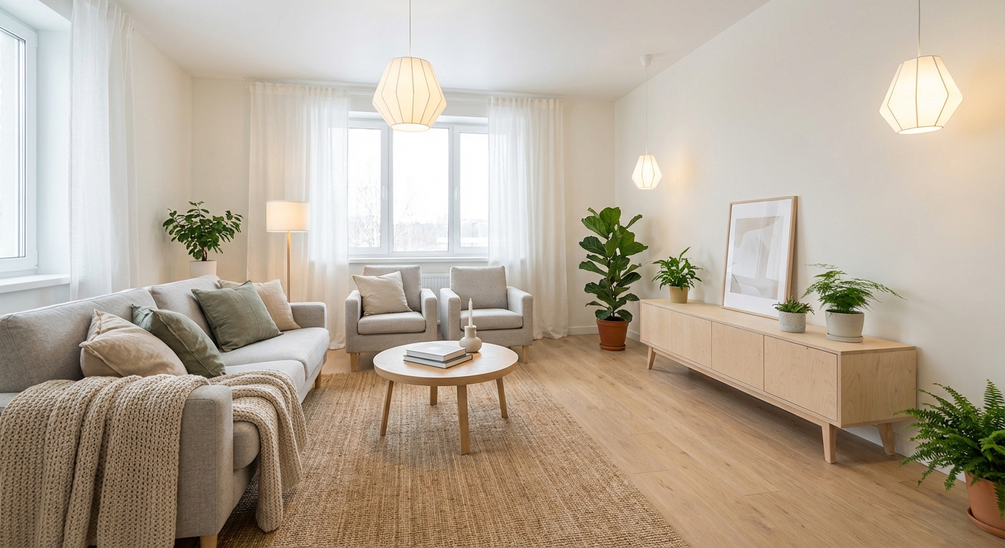 Дизайн гостиной в стиле Хюгге — фото интерьера от нейросети RoomGPT