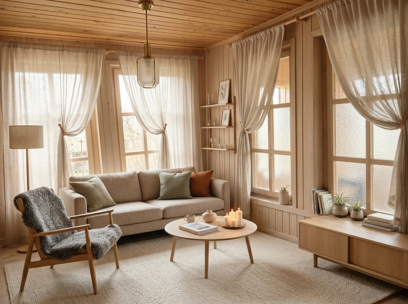 Дизайн гостиной в стиле Хюгге — фото интерьера от нейросети RoomGPT