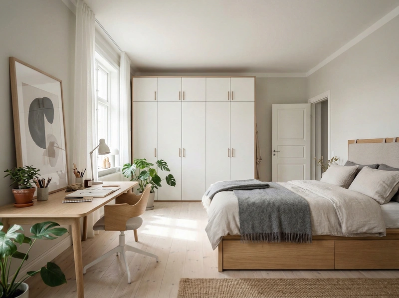 Дизайн спальни в стиле Сканди — фото интерьера от нейросети RoomGPT