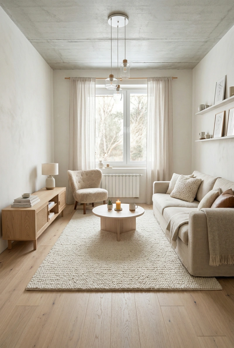 Дизайн гостиной в стиле Хюгге — фото интерьера от нейросети RoomGPT