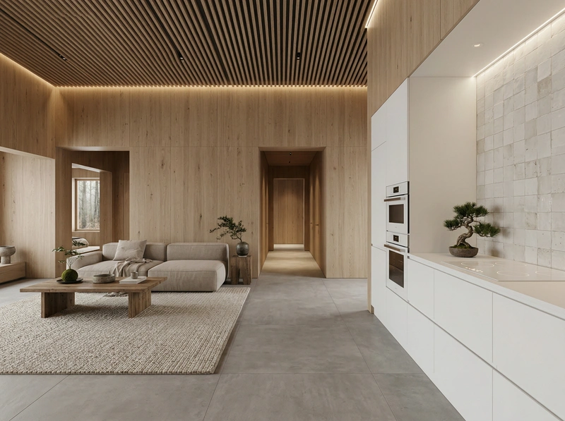 Дизайн гостиной в стиле Japandi — фото интерьера от нейросети RoomGPT