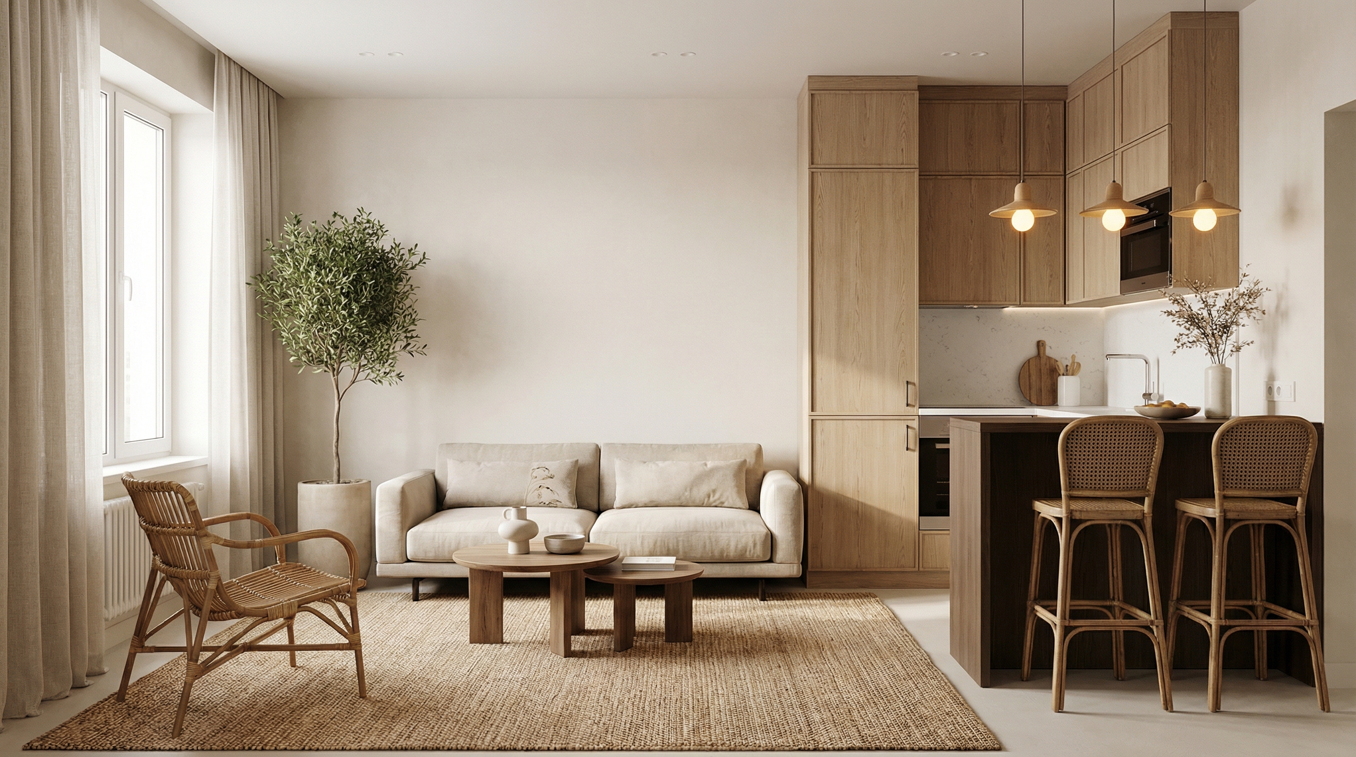 Дизайн гостиной в стиле Japandi — фото интерьера от нейросети RoomGPT