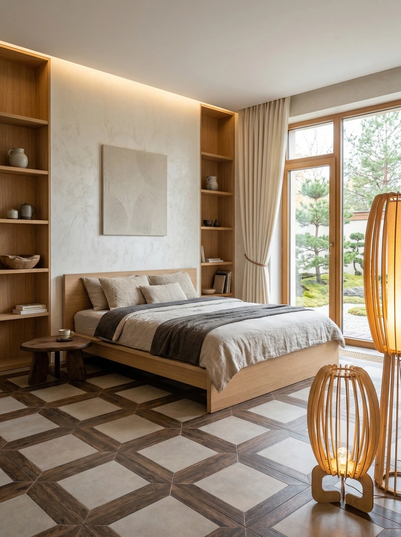 Дизайн спальни в стиле Japandi — фото интерьера от нейросети RoomGPT