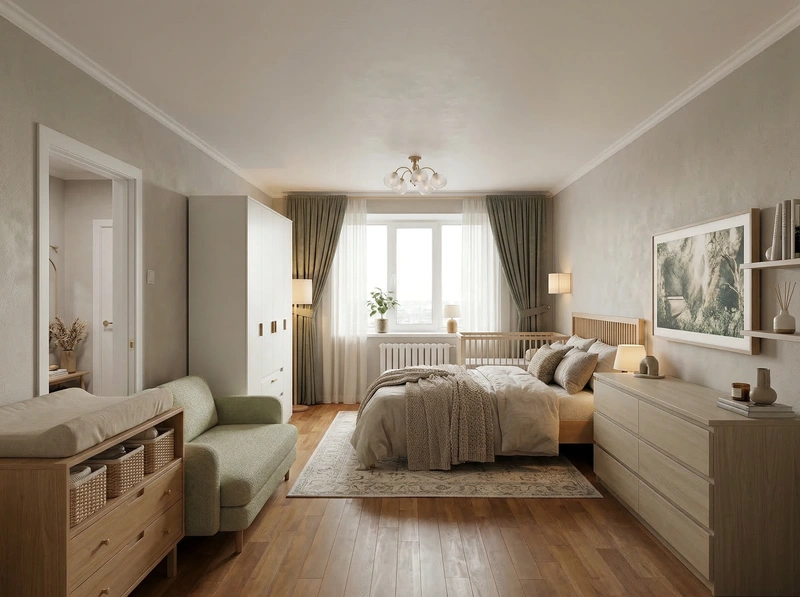 Дизайн спальни в стиле Хюгге — фото интерьера от нейросети RoomGPT