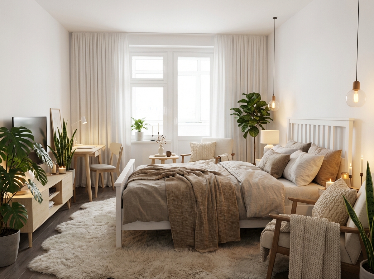 Дизайн спальни в стиле Хюгге — фото интерьера от нейросети RoomGPT