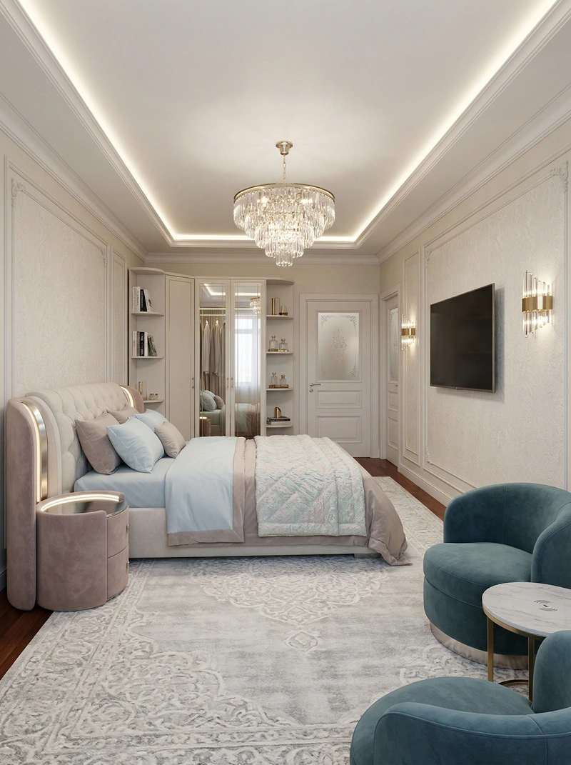 Дизайн спальни в стиле Неоклассика — фото интерьера от нейросети RoomGPT