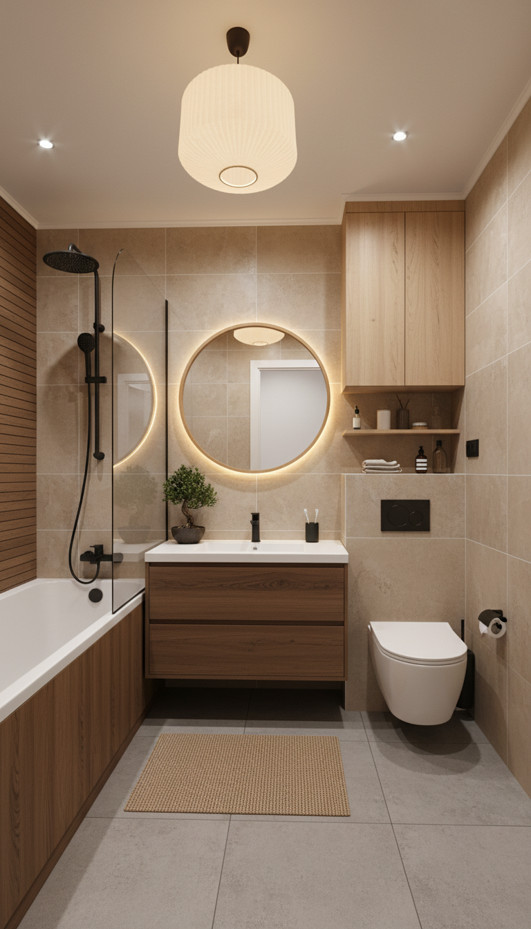 Дизайн ванной в стиле Japandi — фото интерьера от нейросети RoomGPT