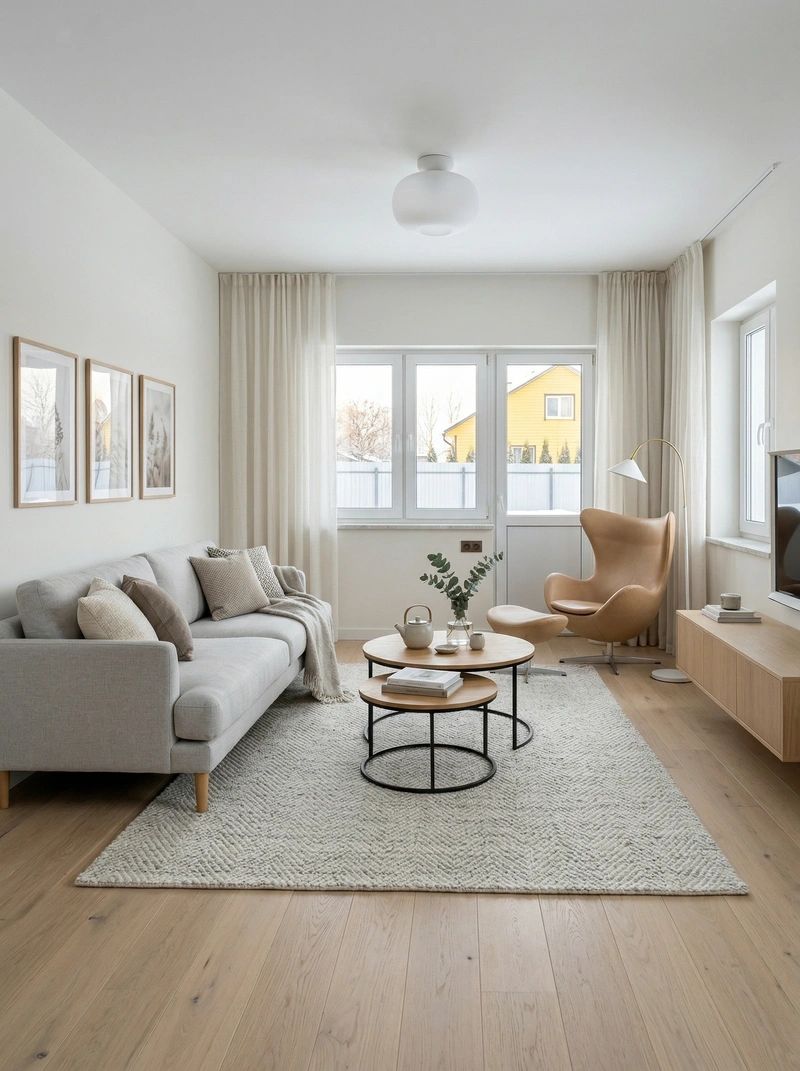 Дизайн гостиной в стиле Сканди — фото интерьера от нейросети RoomGPT