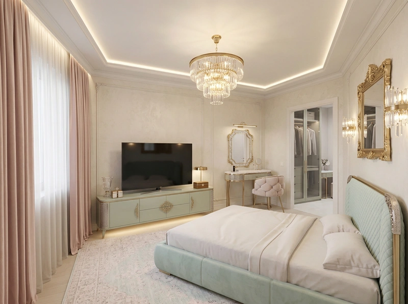 Дизайн спальни в стиле Неоклассика — фото интерьера от нейросети RoomGPT