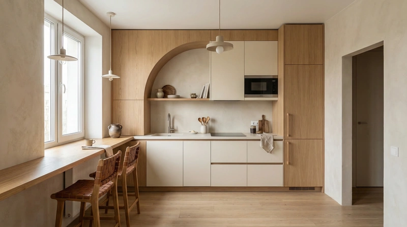 Дизайн кухни в стиле Japandi — фото интерьера от нейросети RoomGPT